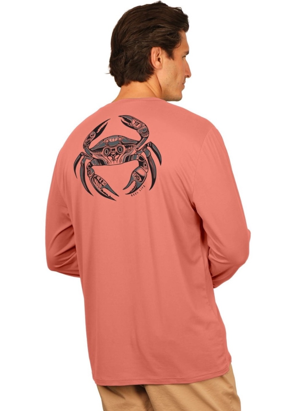 Reel Life Coral Orange Long-Sleeve Tee with Black Crab Graphic men’s large NWOt